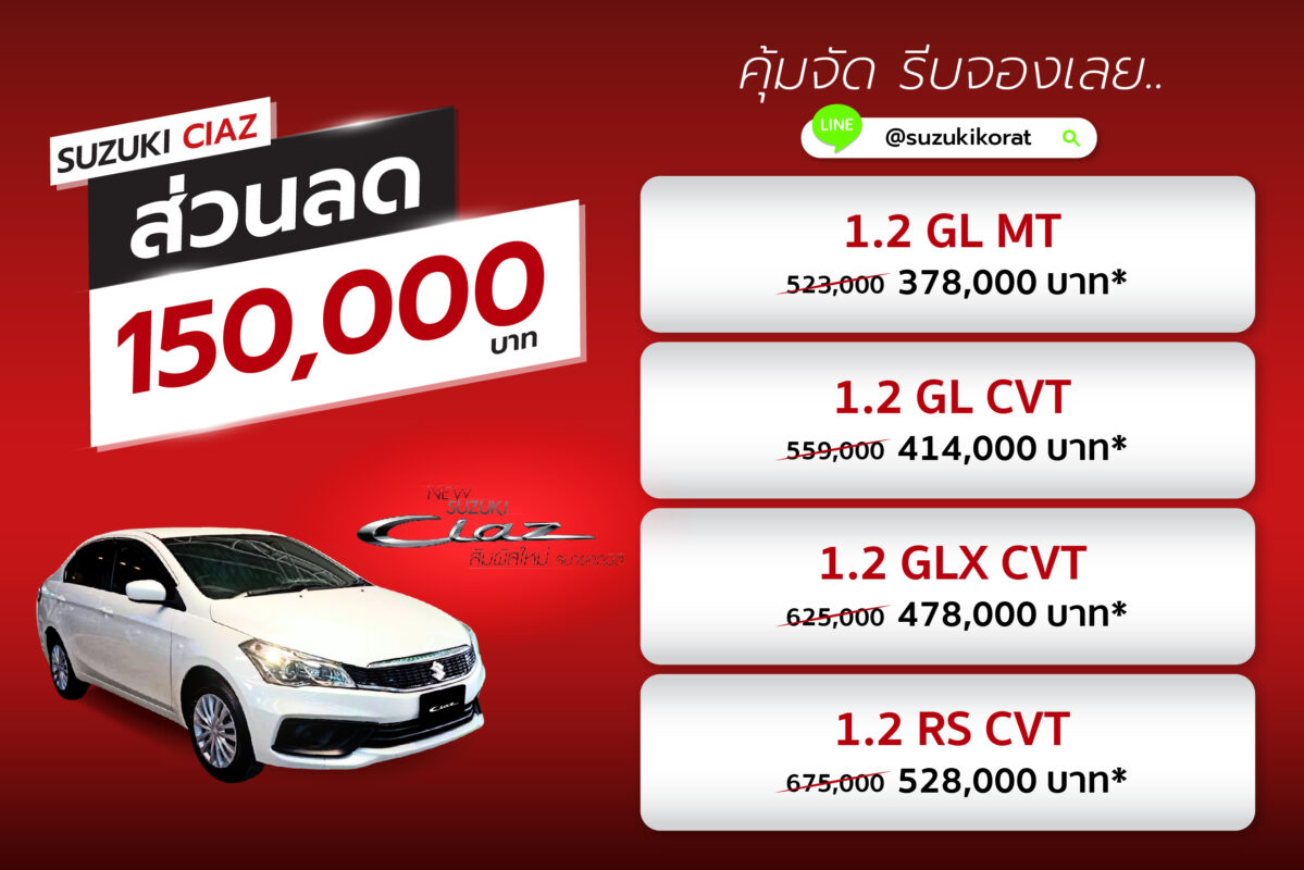 Suzuki Ciaz ออกรถวันนี้ รับส่วนลด 150,000 บาท
